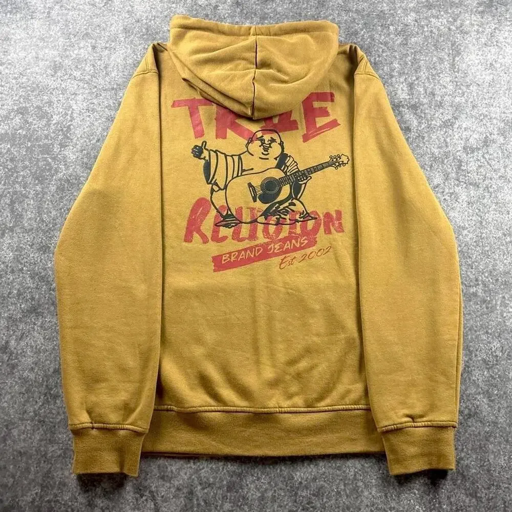 True Religion Men’s XL Tan Buddha Guitar Graphic Zip Up Hoodie Y2K